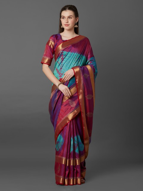 

Mitera Magenta Silk Blend Colourblocked Banarasi Saree
