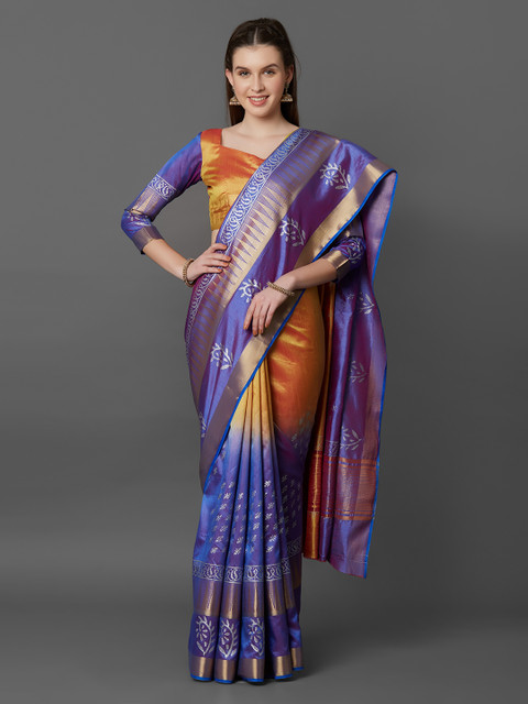 

Mitera Purple & Orange Silk Blend Colourblocked Banarasi Saree