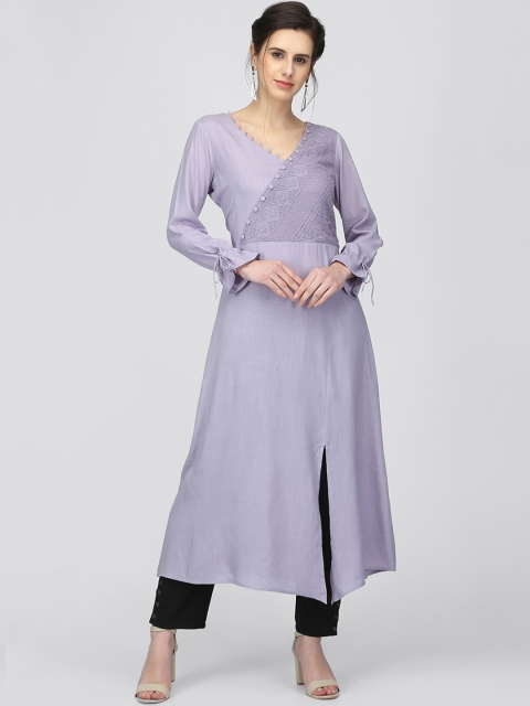 

Ojjasvi Women Mauve Embroidered A-Line Kurta