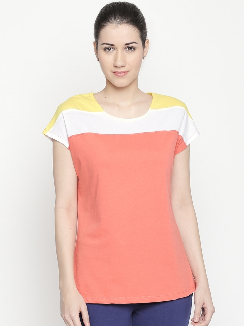 

Ajile by Pantaloons Women Yellow & Peach-Coloured Colourblocked Pure Cotton Top