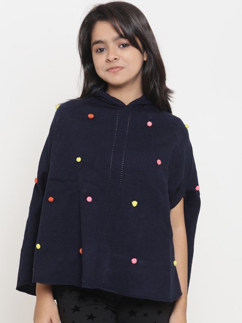 

Natilene Girls Navy Blue Printed Poncho Sweater