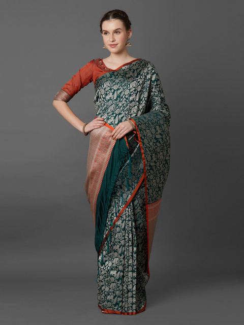 

Mitera Green Silk Blend Woven Design Banarasi Saree