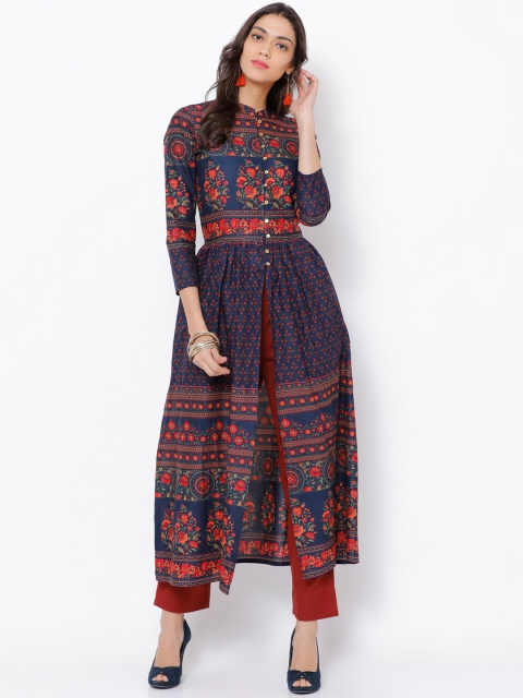 

Folklore Women Navy Blue & Rust Orange Printed A-Line Kurta