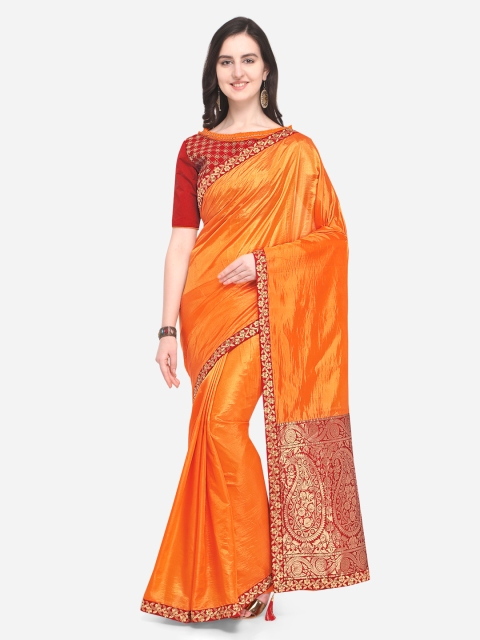 

Indian Women Orange Solid Pure Silk Saree