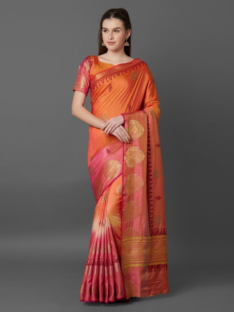 

Mitera Peach-Coloured & Orange Silk Blend Woven Design Banarasi Saree