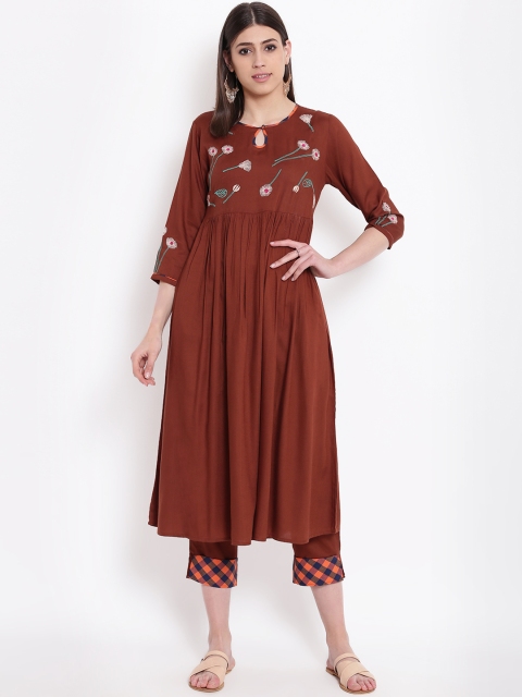 

Shakumbhari Women Brown Embroidered Kurti with Palazzos