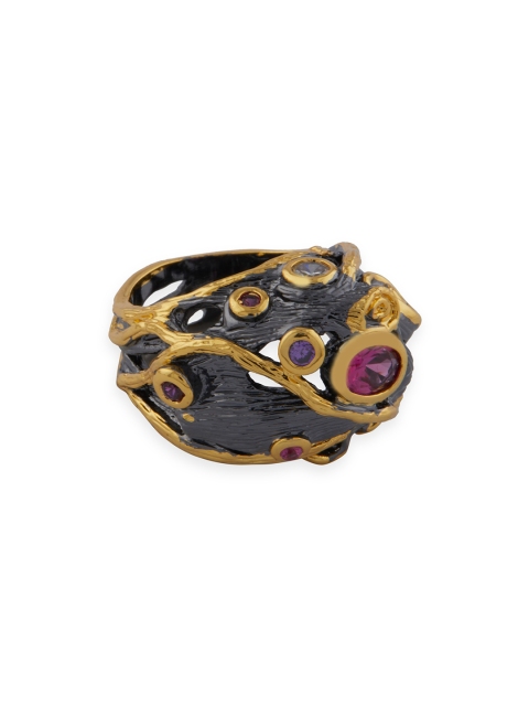 

shaze Women Black & Gold-Plated CZ Stone-Studded Finger Ring