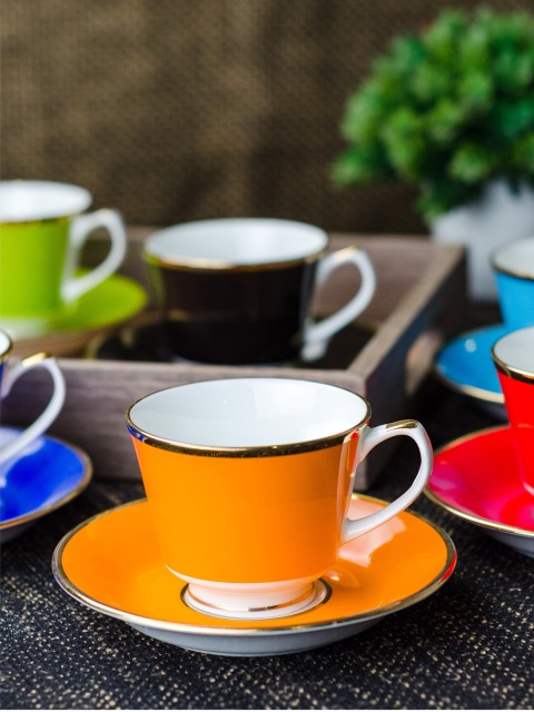 

SONAKI Multicoloured 12-Pieces Solid Bone China Cups and Saucers Set, Multi