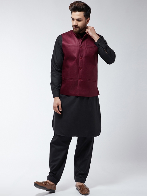 

SOJANYA Men Black & Maroon Solid Kurta with Salwar and Nehru Jacket