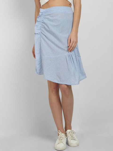 

LA LOFT Women White & Blue Striped Pencil Pure Cotton Skirt