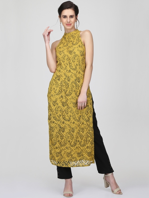 

Ojjasvi Women Mustard & Black Woven Design Straight Kurta