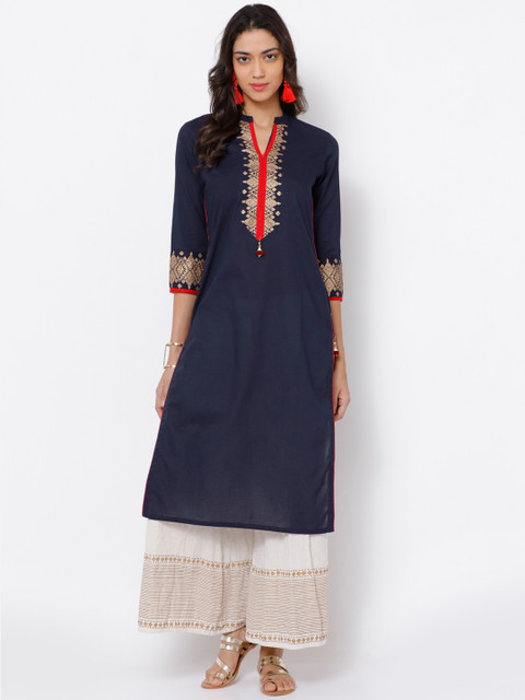 

Folklore Women Navy Blue Printed Straight Kurta