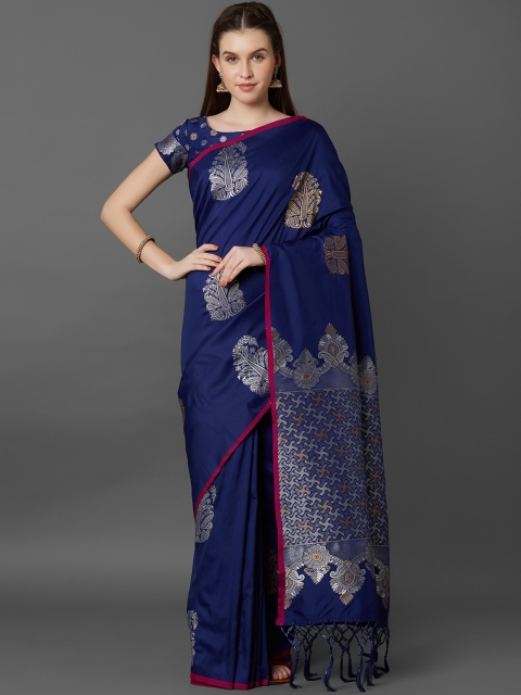 

Mitera Blue & Navy Blue Silk Blend Solid Banarasi Saree