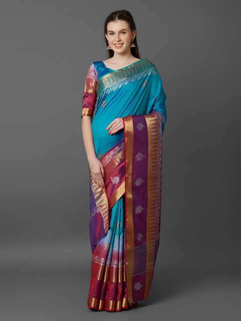 

Mitera Blue & Maroon Silk Blend Colourblocked Banarasi Saree