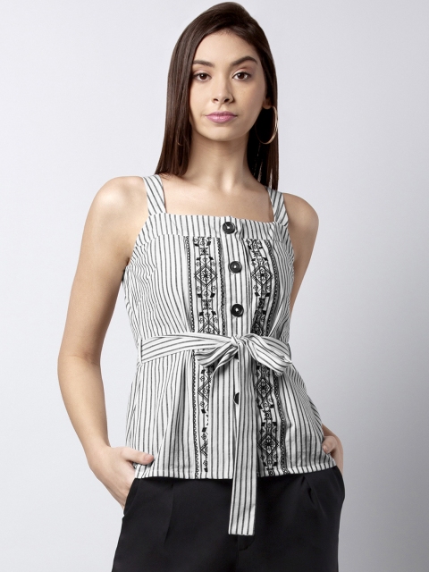 

FabAlley Women White Striped Cinched Waist Top