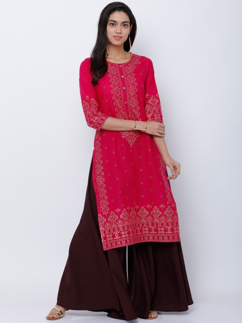 

Folklore Women Pink & Gold-Toned Printed Straight Kurta