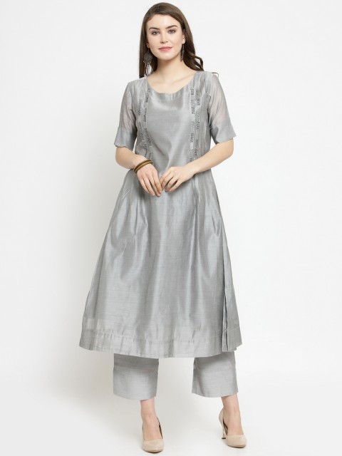 

Varanga Women Grey Embroidered Kurta with Trousers