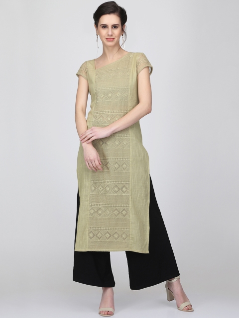 

Ojjasvi Women Green Embroidered Straight Kurta