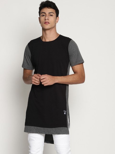 

KULTPRIT Men Black & Charcoal Grey Solid High-Low Hem T-shirt