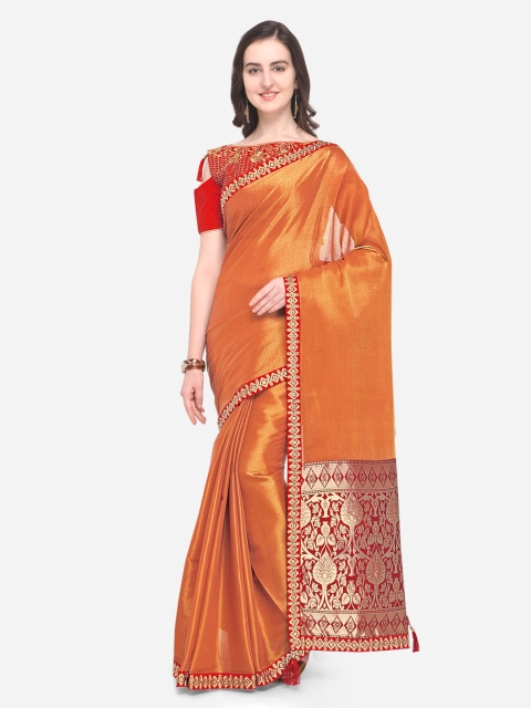 

Indian Women Orange Pure Silk Solid Banarasi Saree