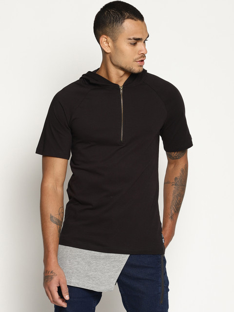 

KULTPRIT Men Black Colourblocked Hooded Asymmetrical Hem T-shirt
