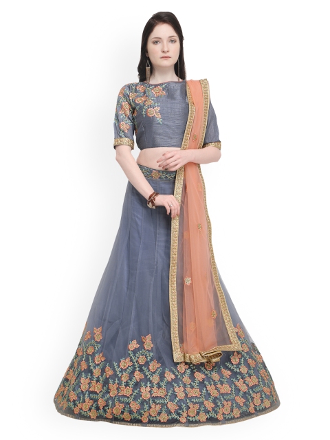 Aasvaa Grey & Peach-Coloured Embroidered Semi-Stitched Lehenga & Unstitched Blouse with Dupatta