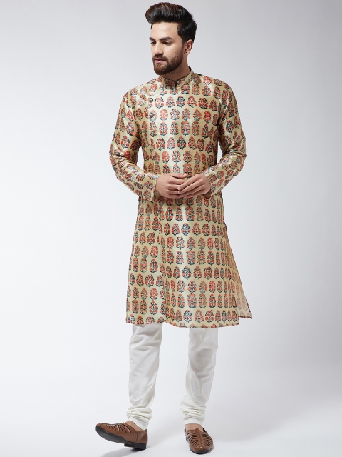 

SOJANYA Men Beige & Orange Printed Kurta with Churidar