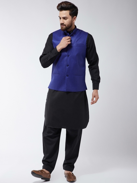 

SOJANYA Men Black & Blue Solid Kurta with Salwar and Nehru Jacket