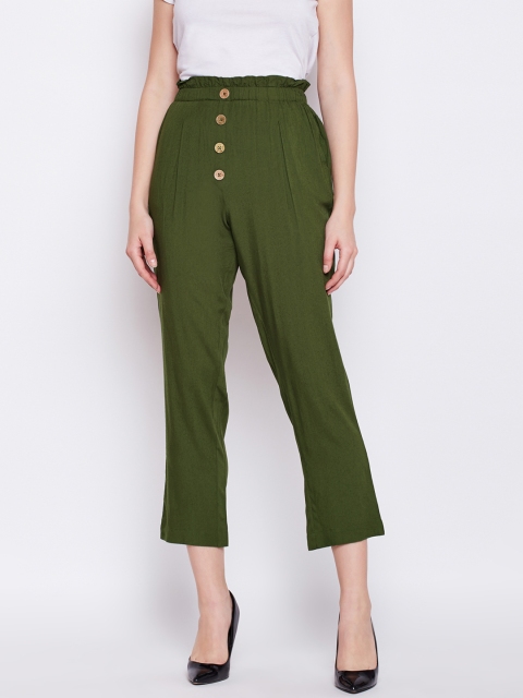 

Oxolloxo Women Olive Green Comfort Regular Fit Solid Cigarette Trousers