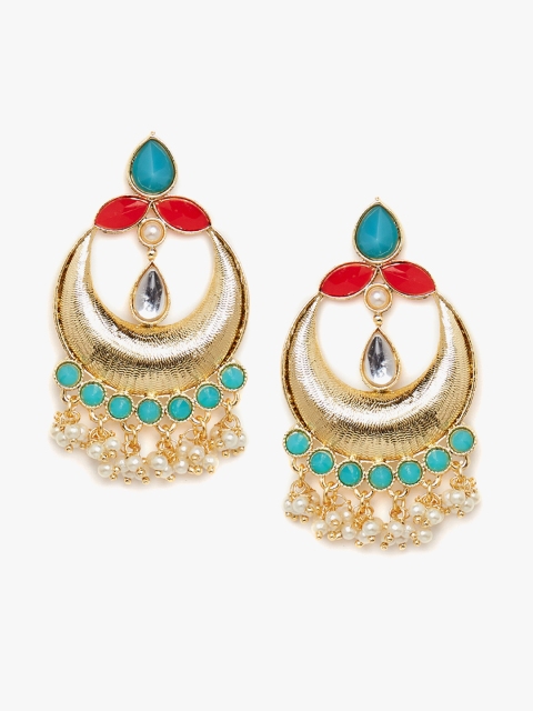 

PANASH Gold-Plated & Turquoise Blue Chandelier Pearls Studded Crescent Shaped Chandbalis