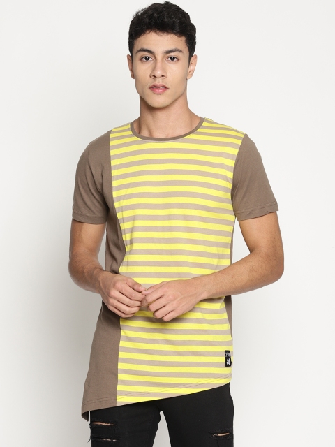 

KULTPRIT Men Yellow & Brown Striped Asymmetrical Hem T-shirt