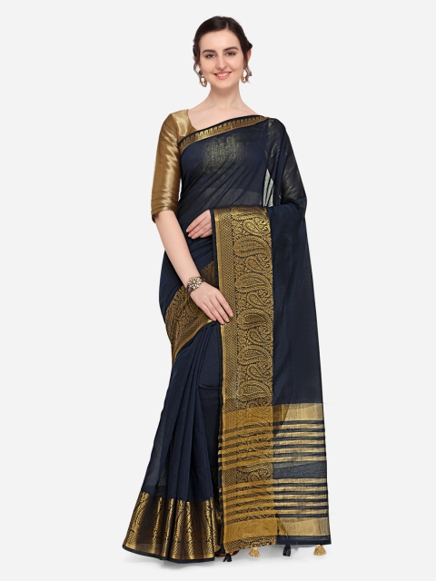 

Pisara Navy Blue Silk Blend Solid Chanderi Saree
