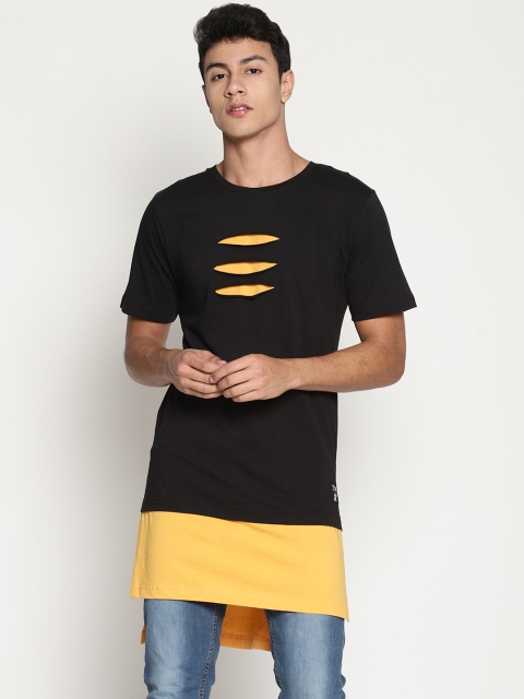 

KULTPRIT Men Black & Yellow Colourblocked Slim Fit Longline Round Neck T-shirt