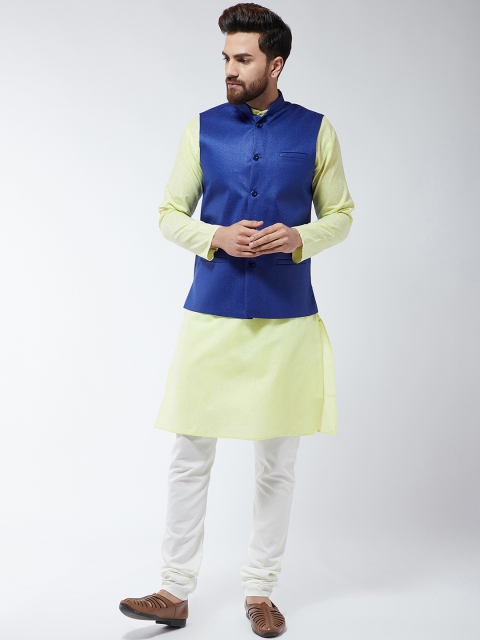 

SOJANYA Men Lime Green & Blue Solid Kurta with Churidar and Nehru Jacket