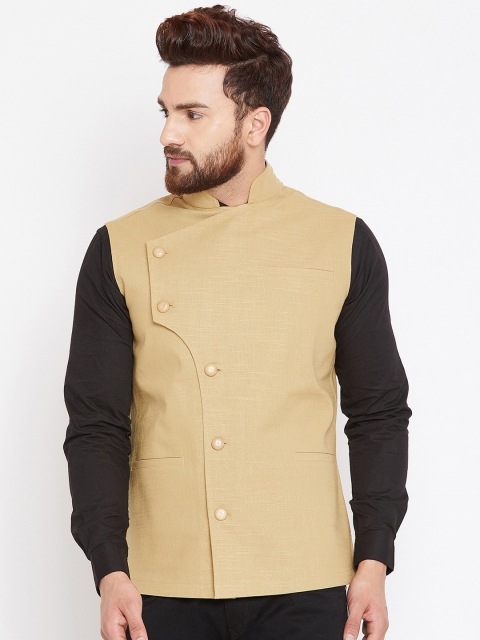 

Hypernation Men Beige Solid Double-Breasted Pure Cotton Waistcoat