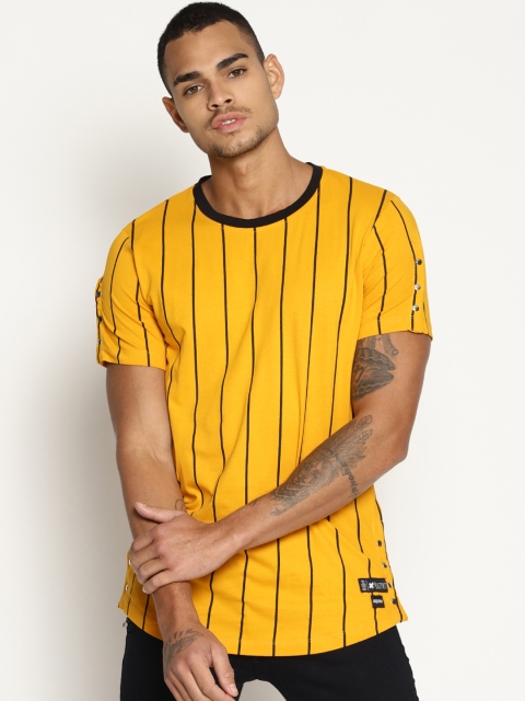 

KULTPRIT Men Yellow Striped Slim Fit Round Neck T-shirt