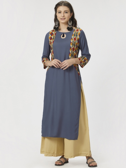 

breya Women Grey & Yellow Solid Straight Silk Kurta