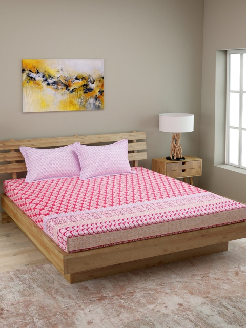 

ROMEE Pink Ethnic Motifs 144 TC Cotton 1 Queen Bedsheet with 2 Pillow Covers
