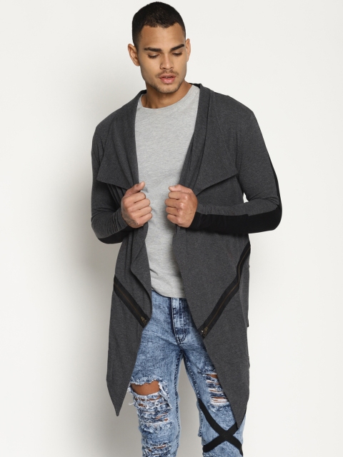 

KULTPRIT Men Grey & Black Colourblocked Open Front Shrug