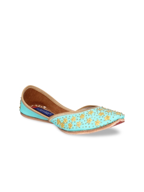 

MSC Women Turquoise Blue Woven Design Leather Mojaris