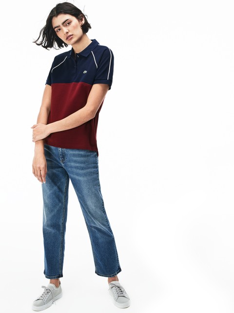 

Lacoste Women Navy Blue & Maroon Colourblocked Slim Fit Polo Collar T-shirt
