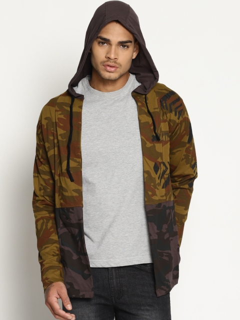

KULTPRIT Men Brown & Green Printed Hooded Sweatshirt