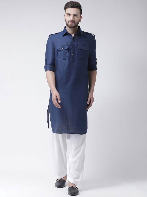 

I Know Men Navy Blue Woven Design Pathani Kurta