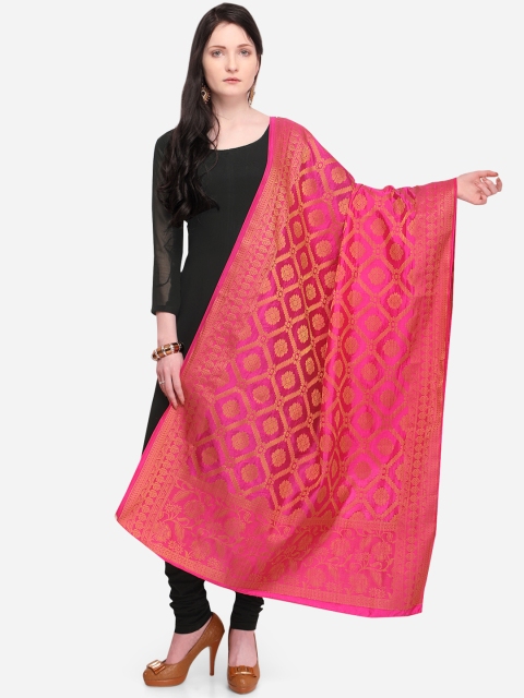

mf Women Pink Woven Design Banarasi Silk Dupatta