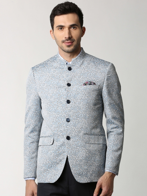 

Peter England Elite Men Blue Self-Design Slim-Fit Bandhgala Blazer