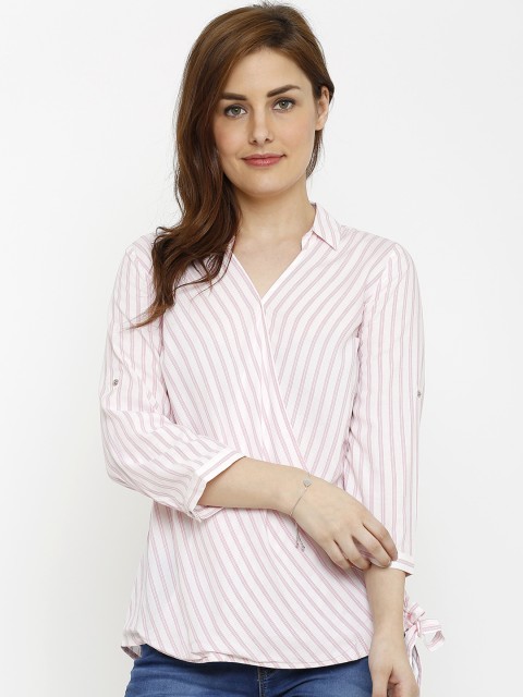 

Kraus Jeans Women White & Pink Regular Fit Striped Casual Shirt
