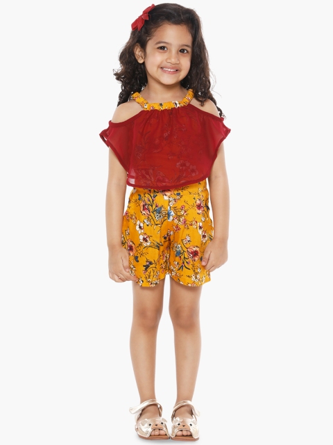 

LilPicks Girls Mustard Yellow & Red Printed Playsuit