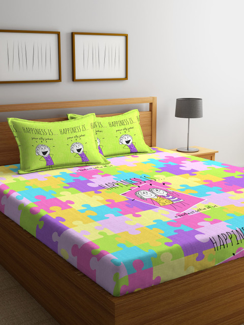 

Portico New York Green & Purple Graphic 144 TC Cotton 1 Queen Bedsheet with 2 Pillow Covers