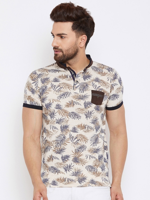 

Duke Men Brown & Blue Printed Mandarin Collar T-shirt