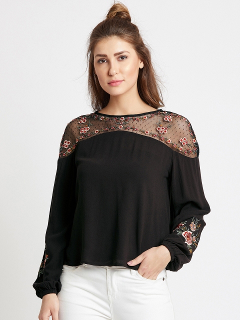 

COVER STORY Women Black Self Design Round Neck T-shirt